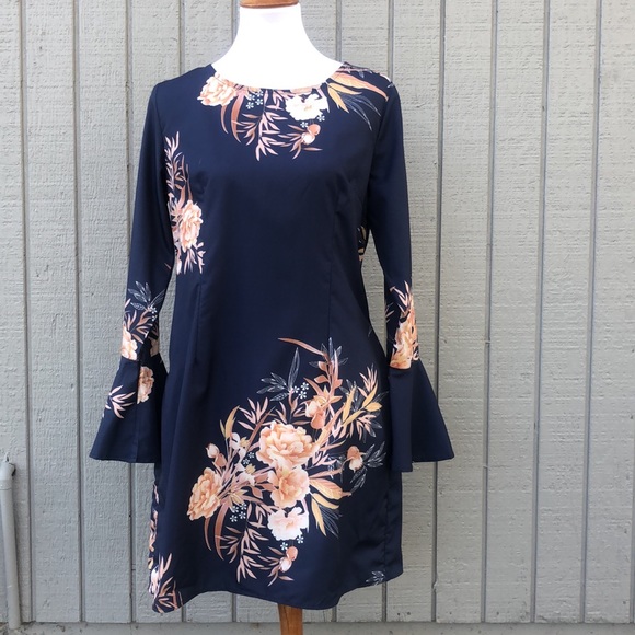Yoins Mid Thigh Floral Navy Blue Dress w/LongSleeves w/Flared ends Fits like M/L - Picture 10 of 10